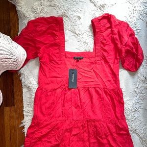 Red Square neck puff sleeve dress